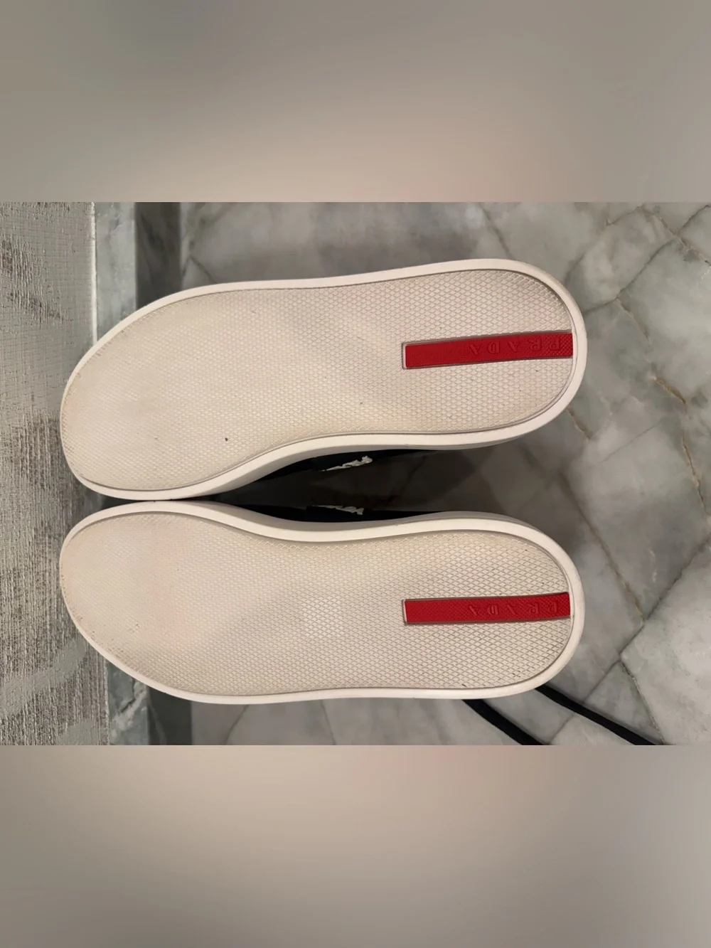 Prada Black Leather Sneakers with Red Stripe and White Sole